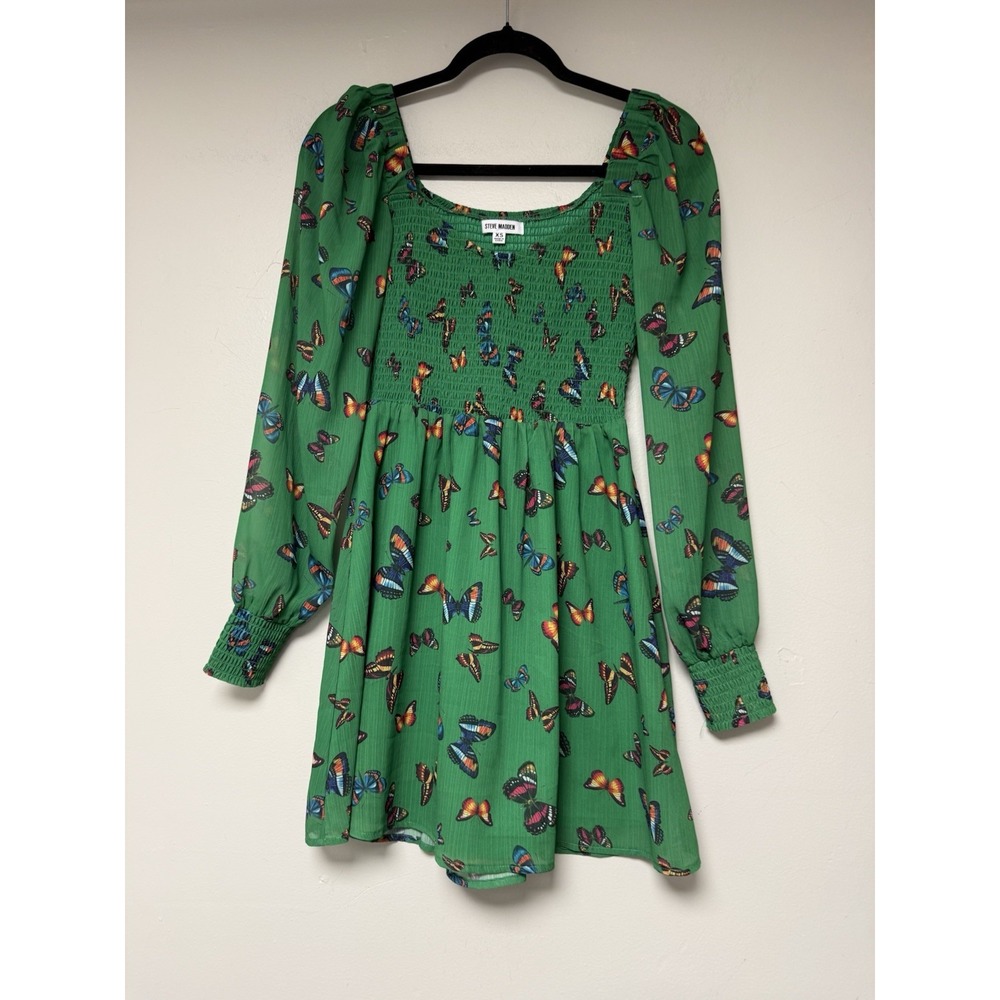 Steve Madden Milkmaid Women's Green Butterfly Mini Dress Size XS Babydoll Boho